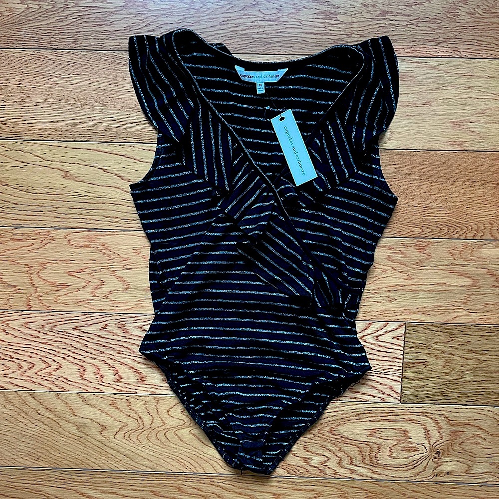 Cupcakes & Cashmere Black striped glitter ruffle bodysuit size medium nwt